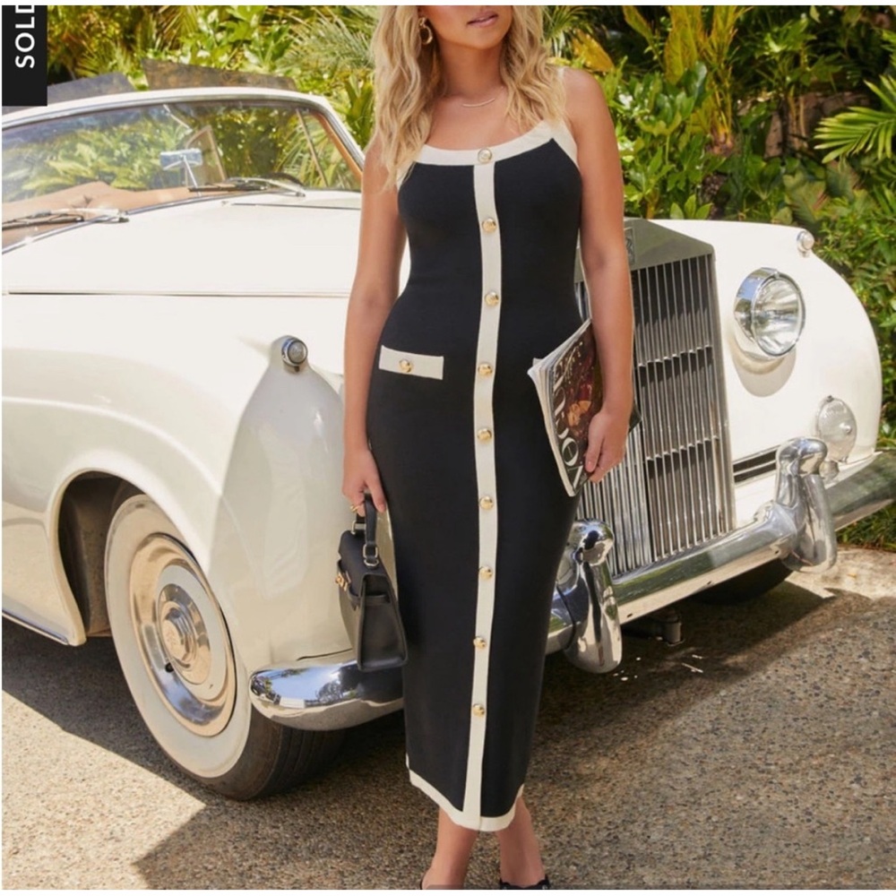 Vici Black and Cream Button-Trim Midi Dress - Picture 4 of 4